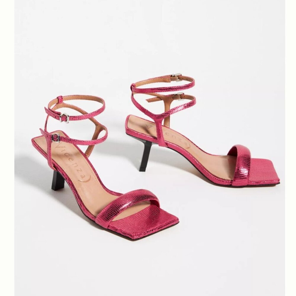 NEW Vicenza Strappy Pink Metallic Square Toe Ankle Strap Heel Sandals Sz 7